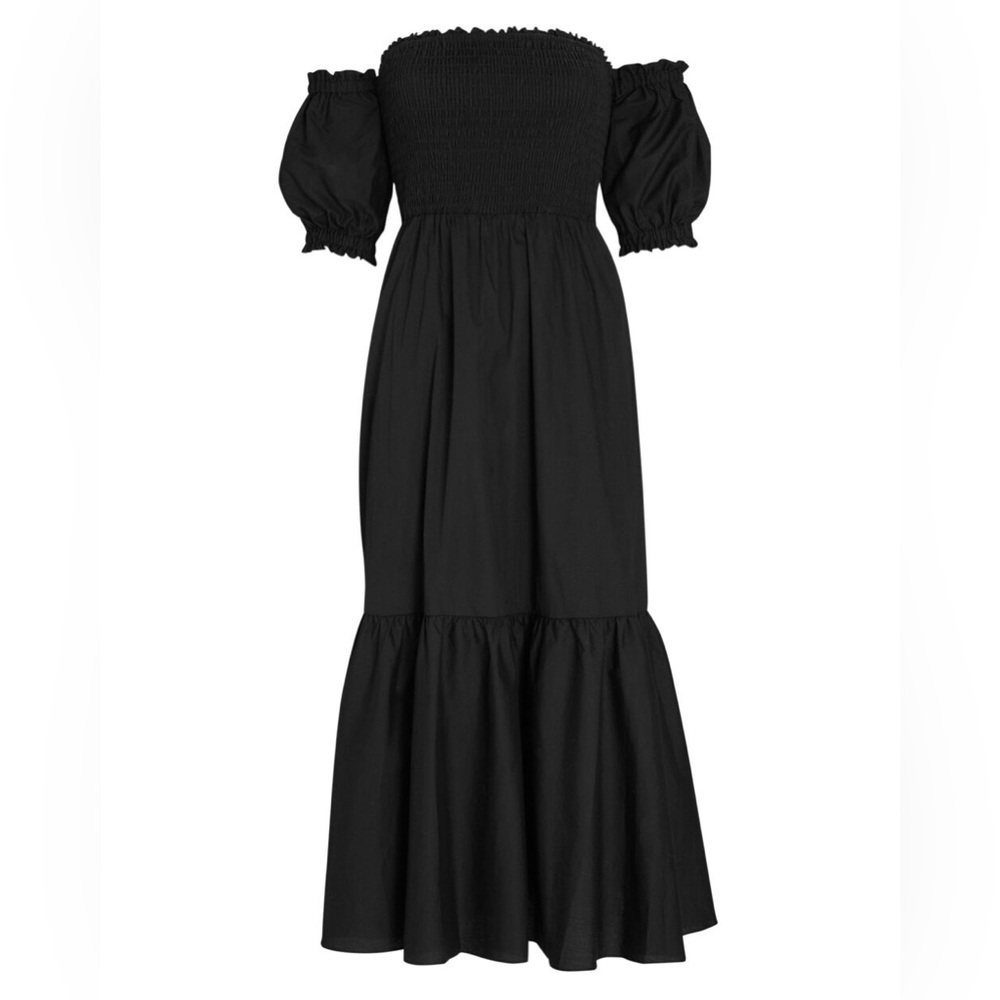 INTERMIX AUBREY SMOCKED POPLIN MIDI DRESS BLACK NEVER WORN